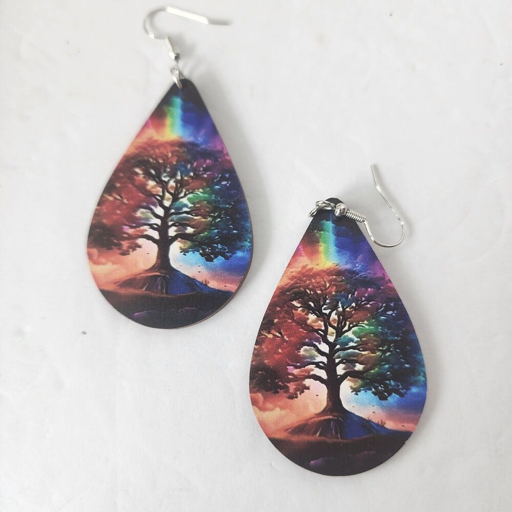 Fashion Boho Earrings Tree Of Life Pattern Wooden Tear Drop Rainbow Double Sided
